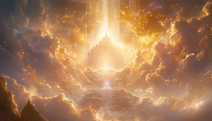 Man standing on a glowing bridge surrounded by light, symbolizing belief in an afterlife and spiritual transition