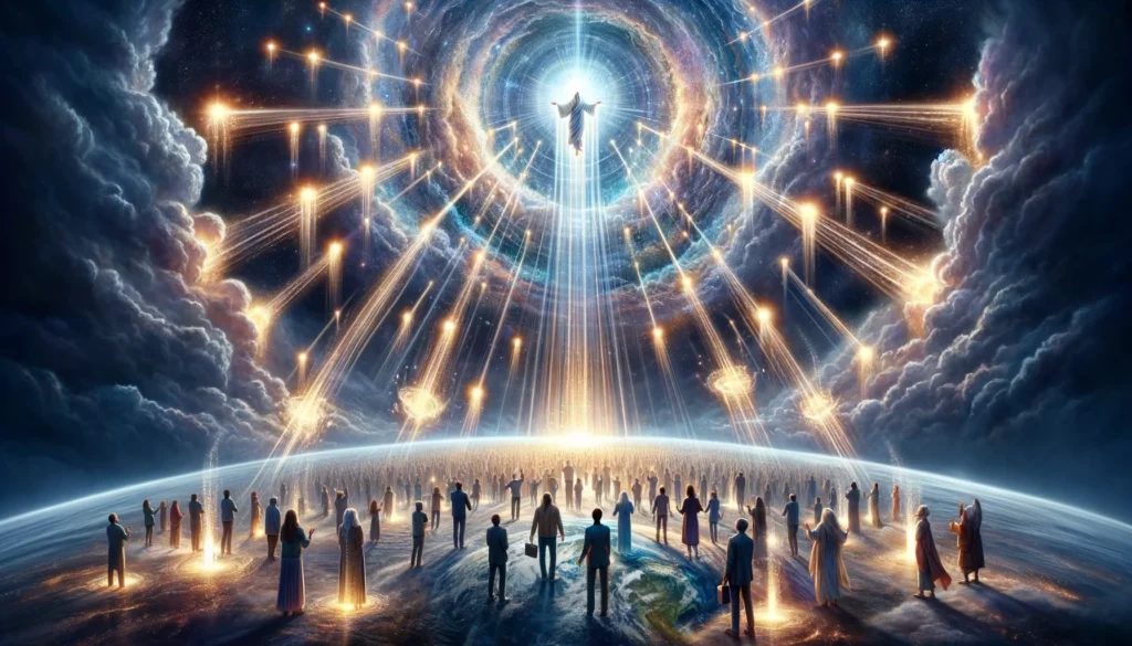 A large group of people stand on Earth looking upward as a radiant heavenly figure appears in a vortex of light, surrounded by beams and glowing bursts in the sky.