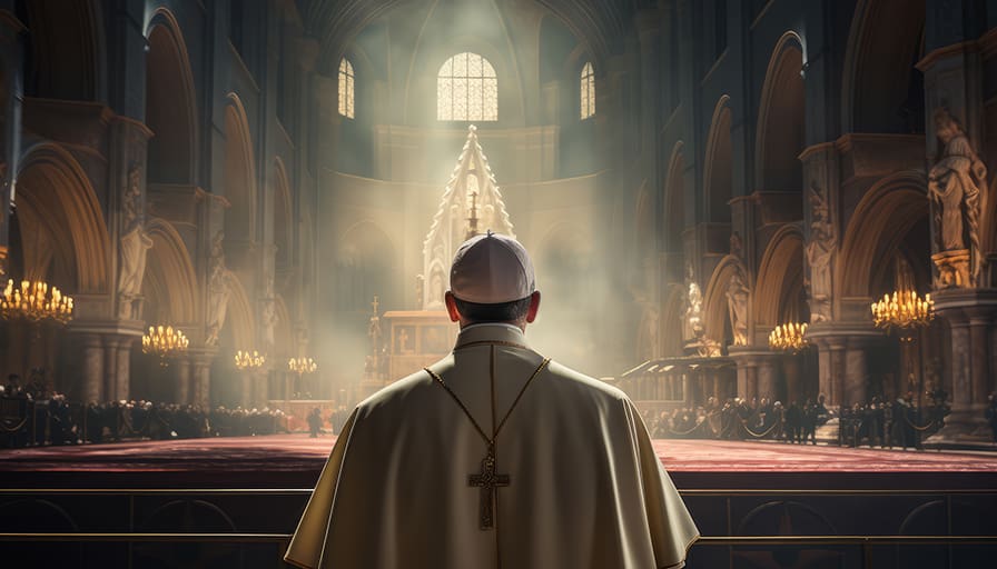 A high-ranking religious figure stands before an illuminated cathedral altar, symbolically highlighting themes of authority and end-time prophecy.